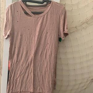 Distressed pink and white stripe soft&sexy T-shirt